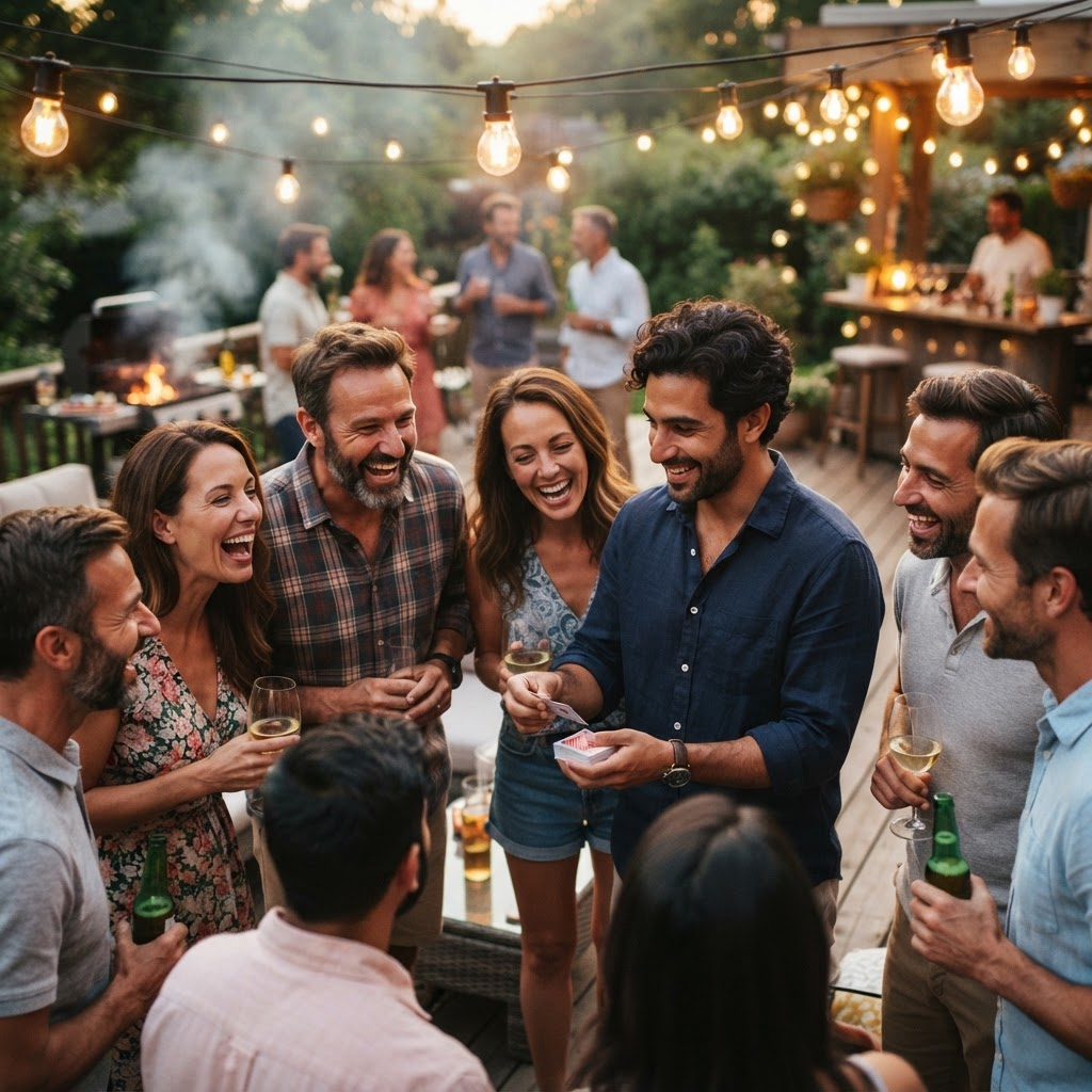 Família e amigos rindo em um churrasco durante uma mágica