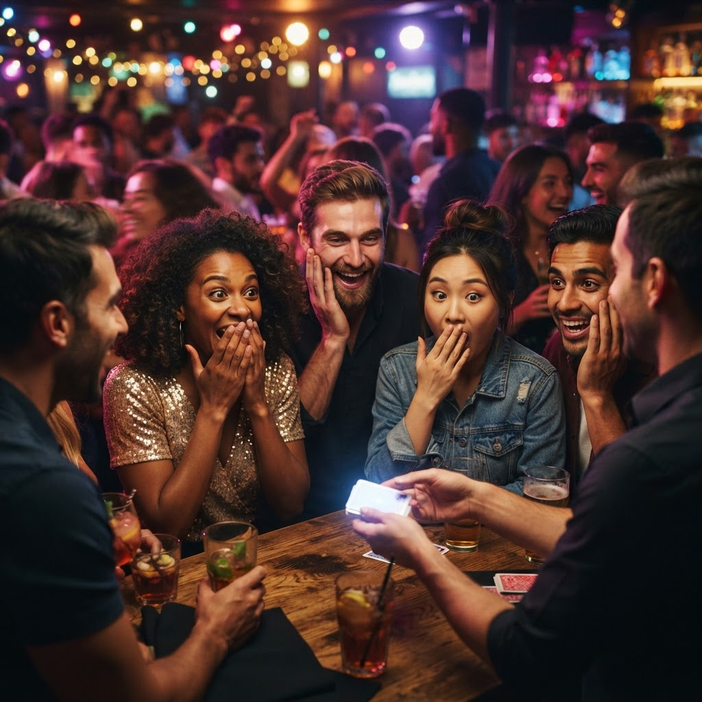 Grupo de jovens reagindo com espanto a um truque numa festa